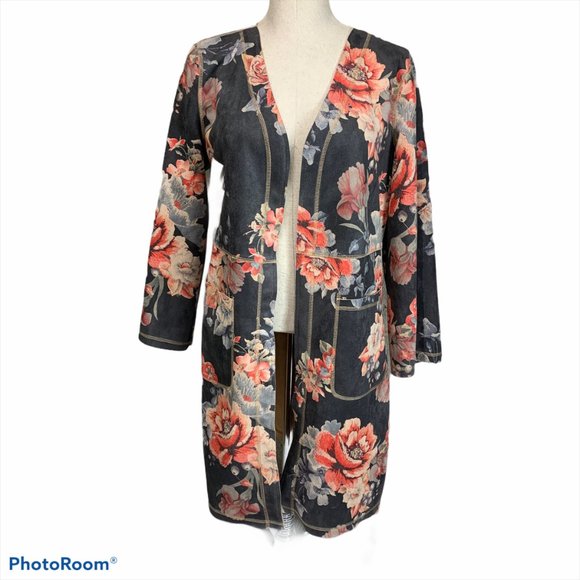 Solitaire Jackets & Blazers - Solitaire Gorgeous Pink & Grey Floral Long Coat M